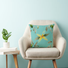 Throw pillow with olive design on light teal クッション