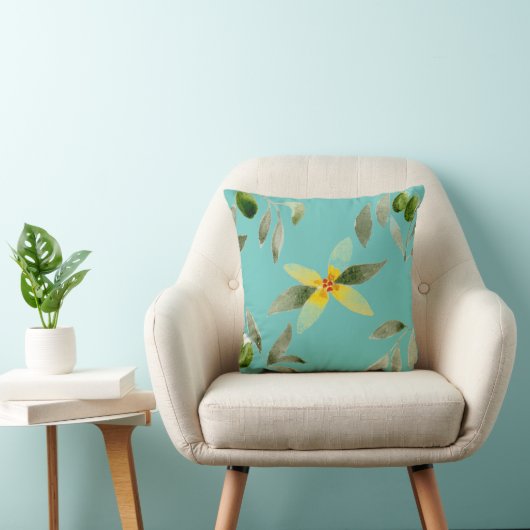 Throw pillow with olive design on light teal クッション (椅子)