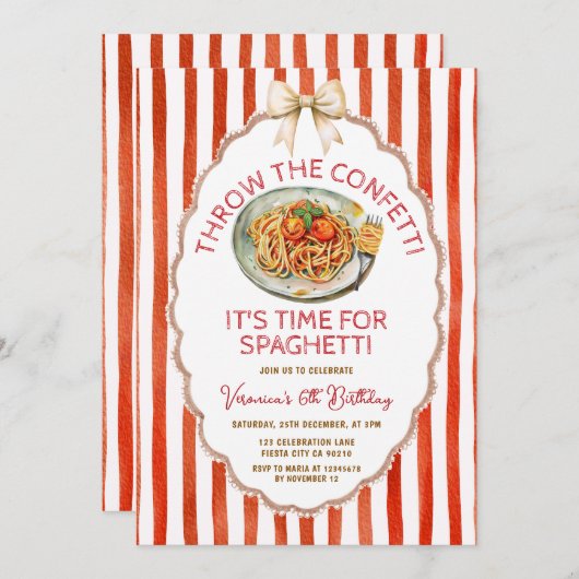 Throw The Confetti Time for Spaghetti Birthday 招待状 (正面/裏面)
