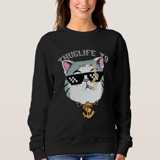 Thuglife Cat with Sunglasses Neck Chain Gangster C スウェットシャツ (正面)