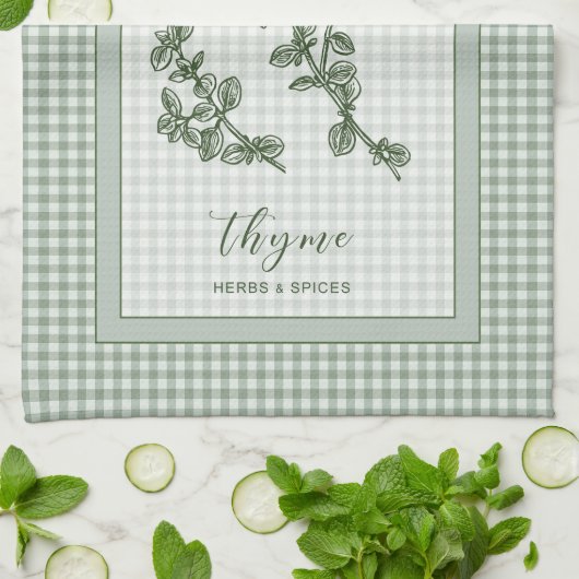 Thyme Herb Kitchen Towel – Green Gingham Border キッチンタオル (折り畳み)