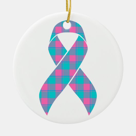 Thyroid Cancer Awareness Plaid Teal Ribbon セラミックオーナメント (正面)