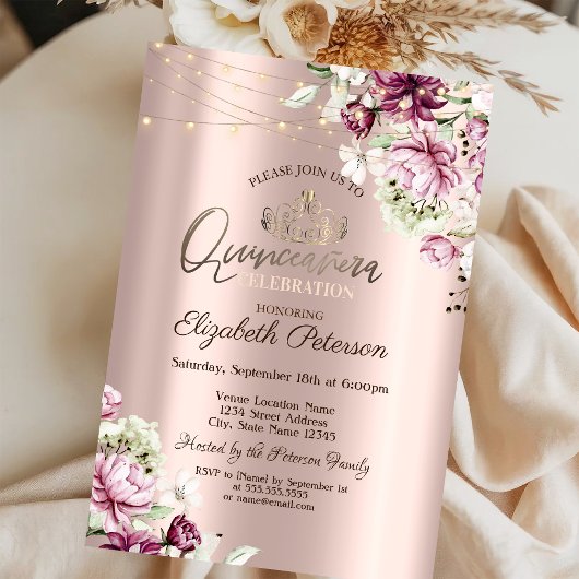 Tiara，ストリングライトピンクの花キンセアニラ 招待状