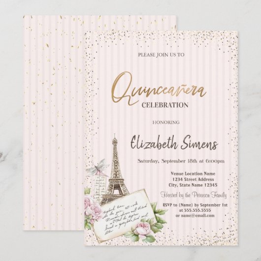 Tiara,Confetti,Eiffel Tower Roses Striped 招待状 (正面/裏面)