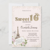 Tiara,Confetti,Eiffel Tower Roses Striped Sweet 16 招待状 (正面)