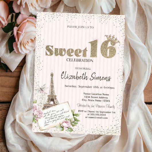 Tiara,Confetti,Eiffel Tower Roses Striped Sweet 16 招待状