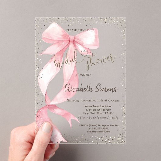 Tiara,Confetti,Pink Bow Bridal Shower アクリル招待状 (インサイチュ (ポータブル))