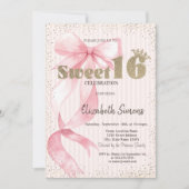 Tiara,Confetti,Pink Bow Striped Sweet 16 招待状 (正面)