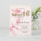 Tiara,Confetti,Pink Bow Striped Sweet 16 招待状 (スタンド正面)