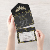 Tiara & Foil Leaf Frame Quinceanera - Black/Gold オールインワン招待状 (切り取り部)