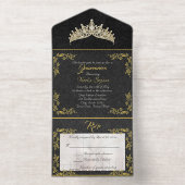 Tiara & Foil Leaf Frame Quinceanera - Black/Gold オールインワン招待状 (内側)