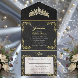 Tiara & Foil Leaf Frame Quinceanera - Black/Gold オールインワン招待状