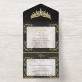 Tiara & Foil Leaf Frame Quinceanera - Pearl/Gold オールインワン招待状 (内側)