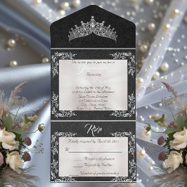 Tiara & Foil Leaf Frame Quinceanera - Pearl/Silver オールインワン招待状