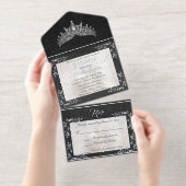 Tiara & Foil Leaf Frame Quinceanera - Pearl/Silver オールインワン招待状 (切り取り部)