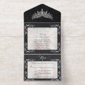 Tiara & Foil Leaf Frame Quinceanera - Pearl/Silver オールインワン招待状 (内側)