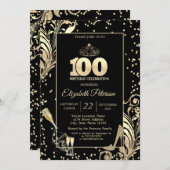 Tiara Glitter Heels Diamonds Swirls 100th Birthday 招待状 (正面/裏面)