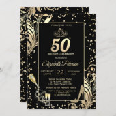 Tiara Glitter Heels Diamonds Swirls 50th Birthday 招待状 (正面/裏面)