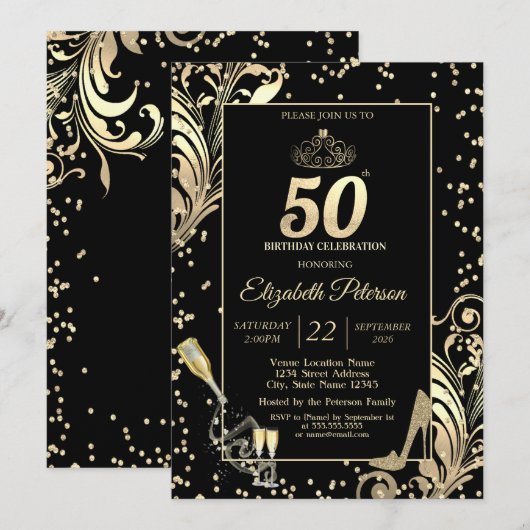 Tiara Glitter Heels Diamonds Swirls 50th Birthday 招待状 (正面/裏面)