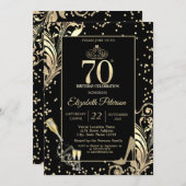 Tiara Glitter Heels Diamonds Swirls 70th Birthday 招待状 (正面/裏面)