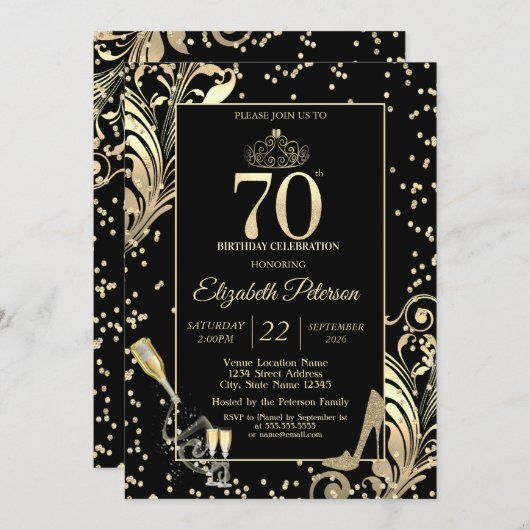 Tiara Glitter Heels Diamonds Swirls 70th Birthday 招待状 (正面/裏面)