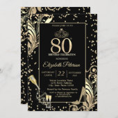 Tiara Glitter Heels Diamonds Swirls 80th Birthday 招待状 (正面/裏面)