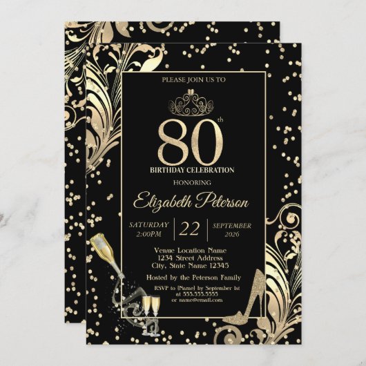 Tiara Glitter Heels Diamonds Swirls 80th Birthday 招待状 (正面/裏面)