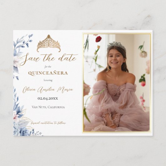 Tiara Quinceaeneraエレガント写真Save the date 案内ポストカード (正面)