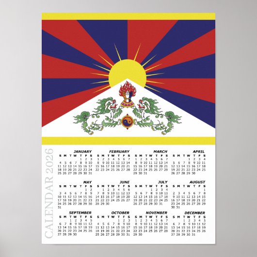 Tibet 2026 Calendar, Large, Tibetan Flag ポスター (正面)