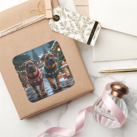 Tibetan Mastiff Dogs Christmas Snow Holiday スクエアシール (ギフト)