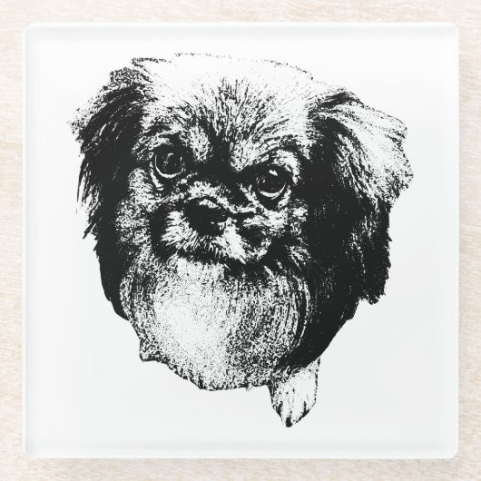 Tibetan Spaniel Coaster – Monochrome Dog Art ガラスコースター (正面)