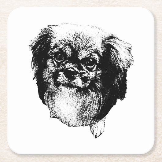 Tibetan Spaniel Coaster – Monochrome Dog Art スクエアペーパーコースター (正面)