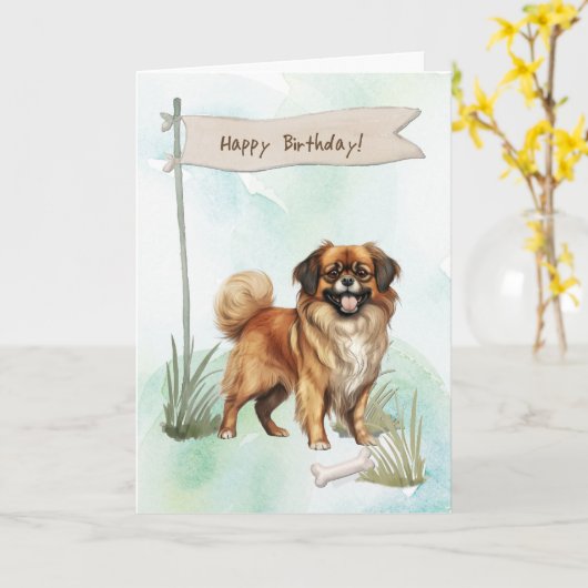 Tibetan Spaniel Dog Breed Under Birthday Sign カード (黄色い花)