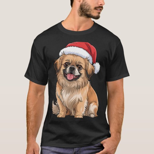 Tibetan Spaniel Dog Christmas Santa Hat Pet Dog Lo Tシャツ (正面)