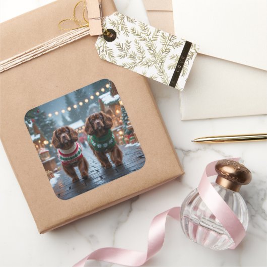 Tibetan Spaniel Dogs Christmas Snow Holiday スクエアシール (ギフト)