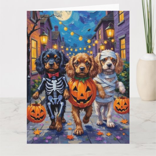 Tibetan Spaniel Dogs In Halloween Costumes カード (正面)