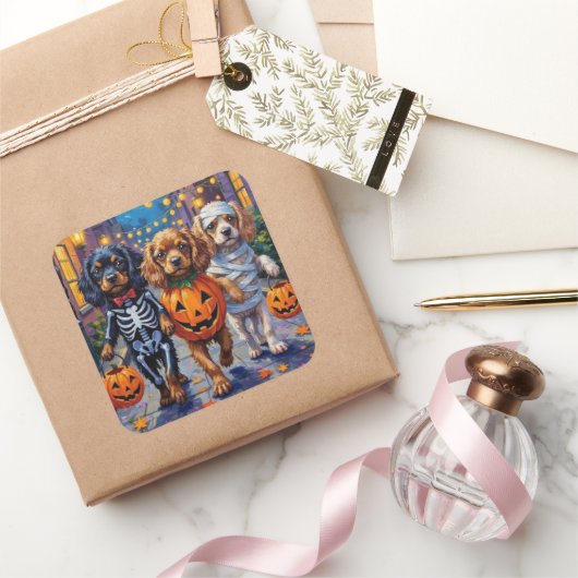 Tibetan Spaniel Dogs In Halloween Costumes スクエアシール (ギフト)