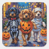 Tibetan Spaniel Dogs In Halloween Costumes スクエアシール (正面)