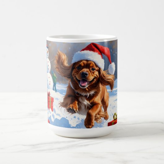 Tibetan Spaniel Running in Snow with Christmas Hat コーヒーマグカップ (中央)
