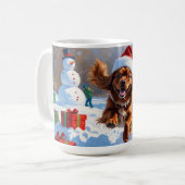 Tibetan Spaniel Running in Snow with Christmas Hat コーヒーマグカップ (正面左)