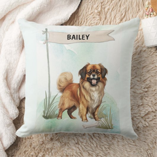 Tibetan Spaniel Watercolor Personalized Dog クッション (ブランケット)
