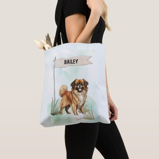Tibetan Spaniel Watercolor Personalized Dog トートバッグ (クローズアップ)