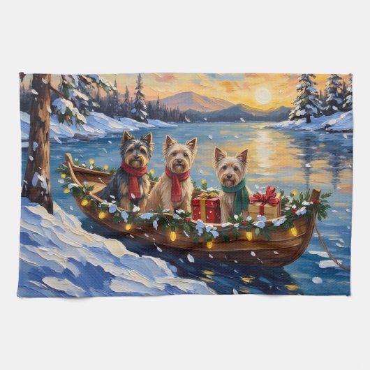 Tibetan Terrier Christmas Boat Holiday キッチンタオル (横)