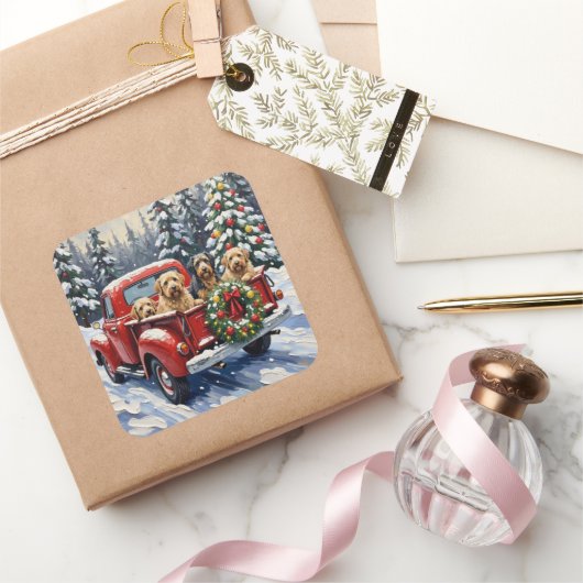 Tibetan Terrier Christmas Red Truck Holiday スクエアシール (ギフト)