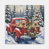 Tibetan Terrier Christmas Red Truck Holiday マグネット (正面)