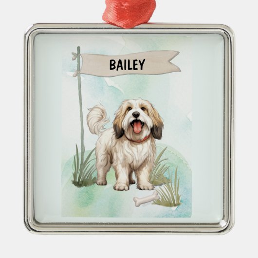 Tibetan Terrier Watercolor Personalized Dog メタルオーナメント (正面)