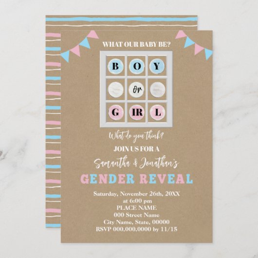 Tic Tac Toe男の子または女の子の性別の公開 招待状 (正面/裏面)