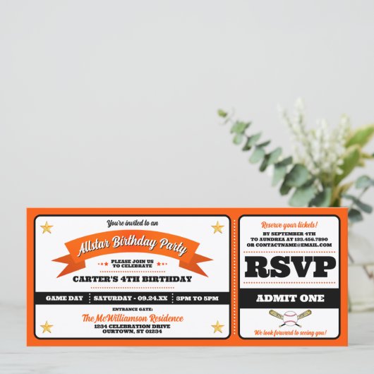 Ticket Style Baseball Birthday Party 招待状 (スタンド正面)