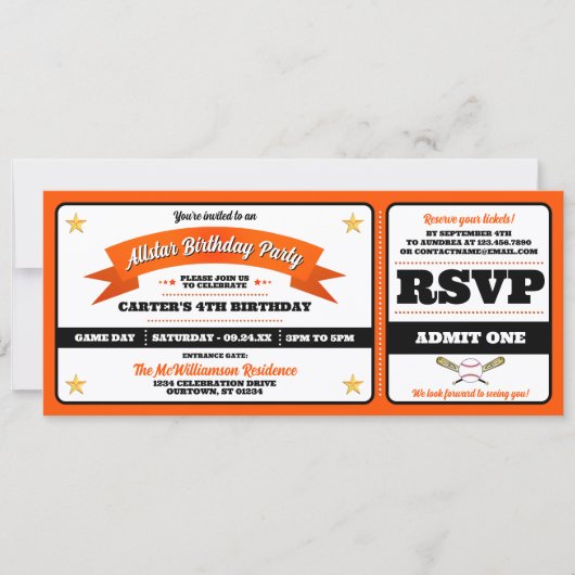 Ticket Style Baseball Birthday Party 招待状 (正面)