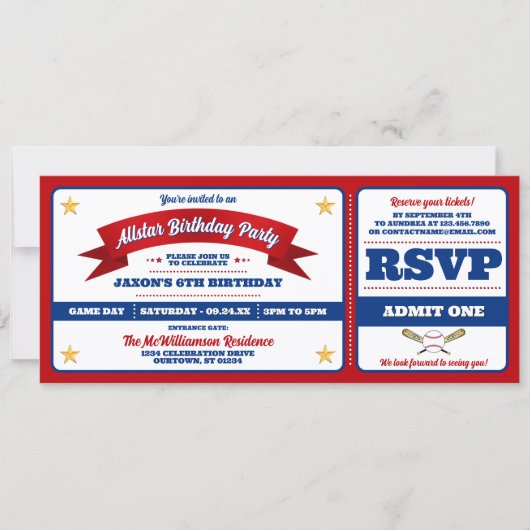 Ticket Style Baseball Birthday Party 招待状 (正面)